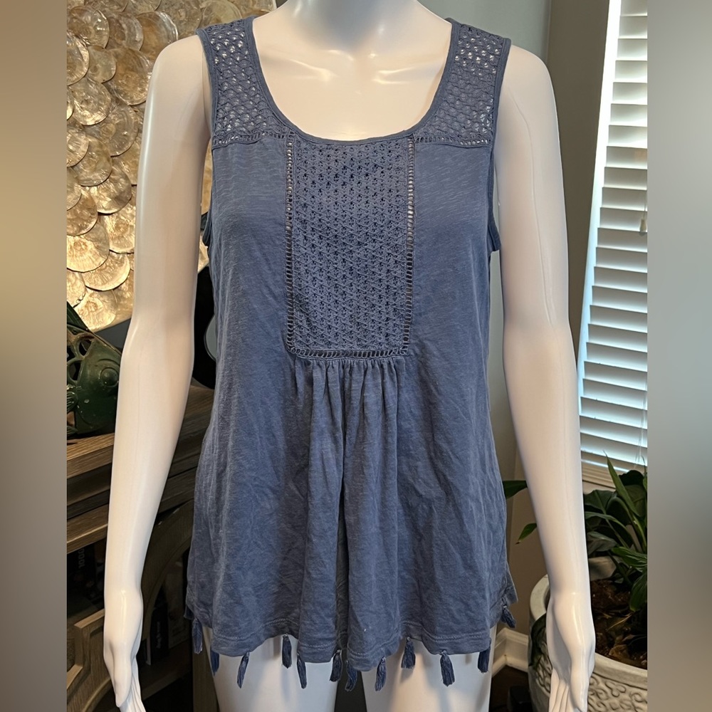 Caslon Bohemian Boho Embroidered Fringe / Tassels Tank Top Blue S‎